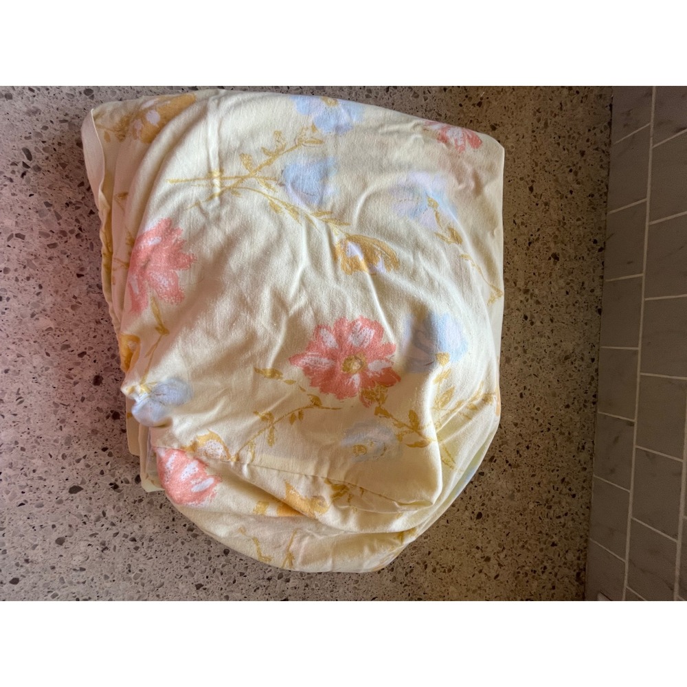 Vintage Dan River Full Floral Fitted Sheet Yellow Pink Blue Muslin USA Made